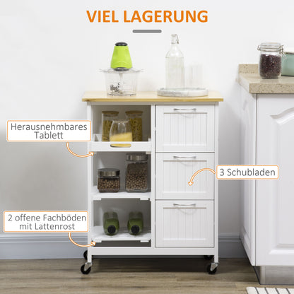 Kitchen Trolley Serving Trolley with 3 Drawers, Kitchen Cart with 3 Levels, Storage Trolley with Worktop, for Kitchen, White, 67 x 37 x 85 cm