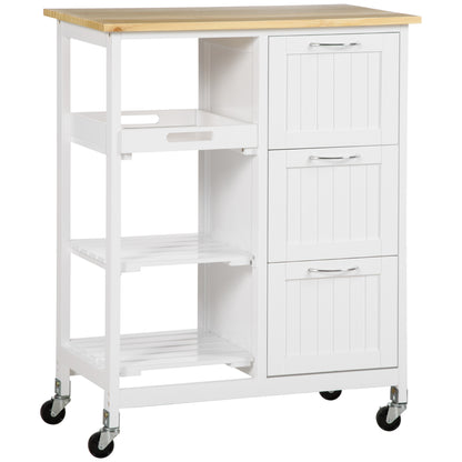Kitchen Trolley Serving Trolley with 3 Drawers, Kitchen Cart with 3 Levels, Storage Trolley with Worktop, for Kitchen, White, 67 x 37 x 85 cm