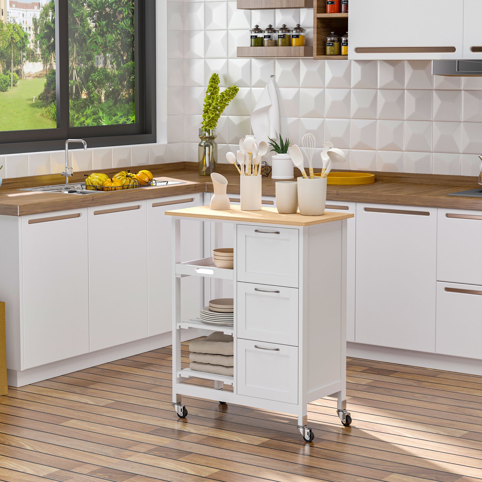 Kitchen Trolley Serving Trolley with 3 Drawers, Kitchen Cart with 3 Levels, Storage Trolley with Worktop, for Kitchen, White, 67 x 37 x 85 cm