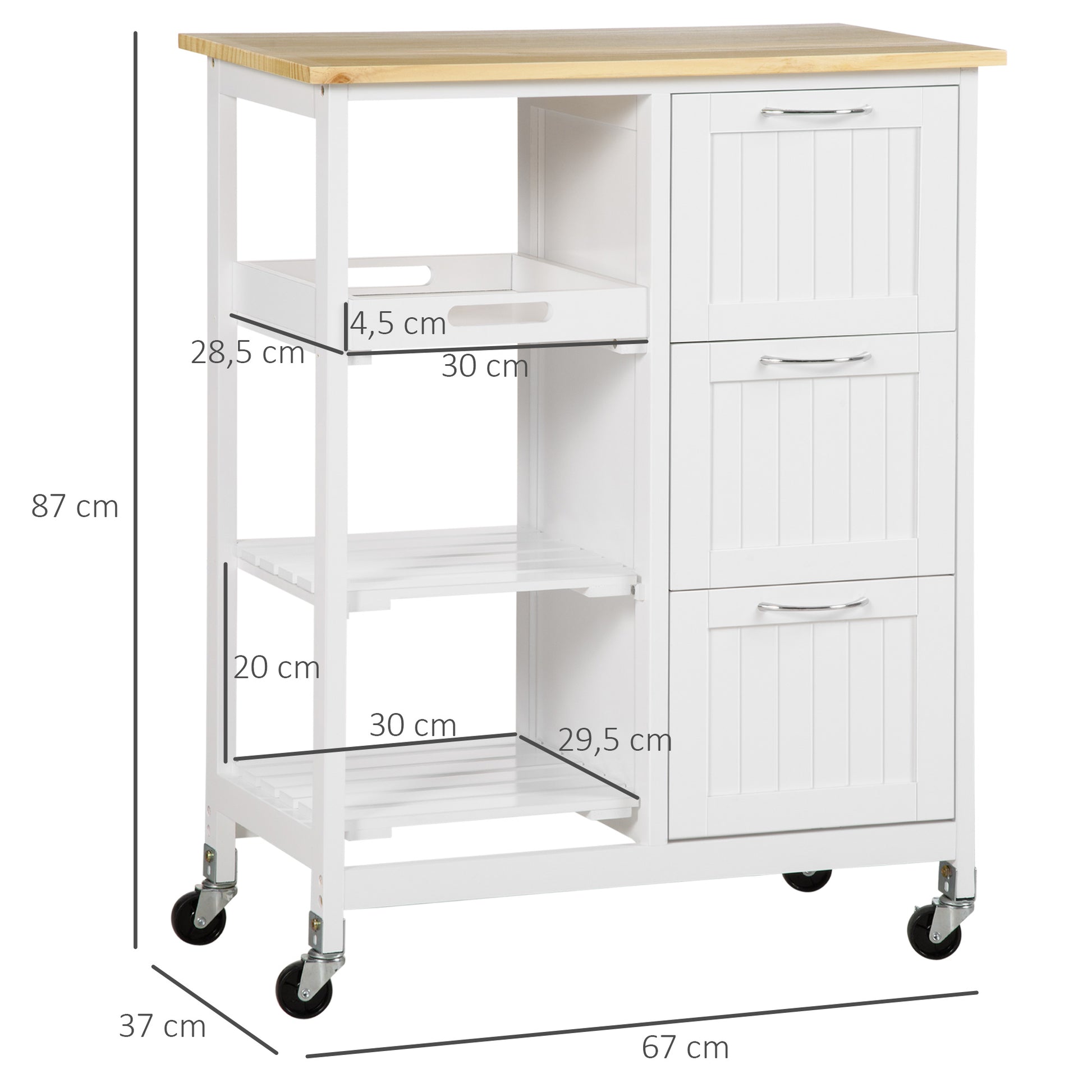 Kitchen Trolley Serving Trolley with 3 Drawers, Kitchen Cart with 3 Levels, Storage Trolley with Worktop, for Kitchen, White, 67 x 37 x 85 cm