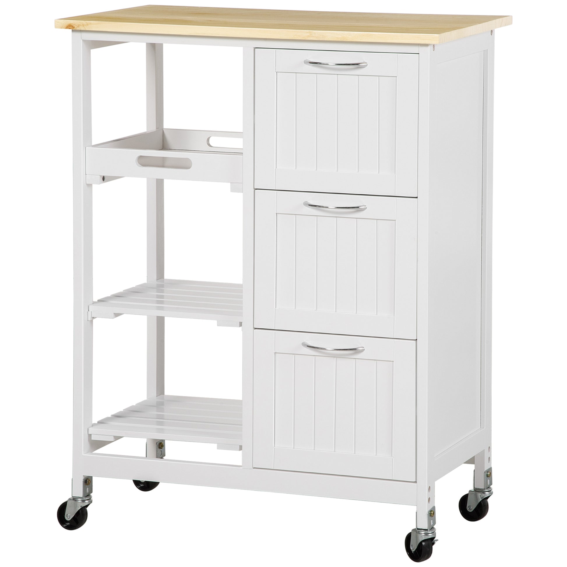Kitchen Trolley Serving Trolley with 3 Drawers, Kitchen Cart with 3 Levels, Storage Trolley with Worktop, for Kitchen, White, 67 x 37 x 85 cm