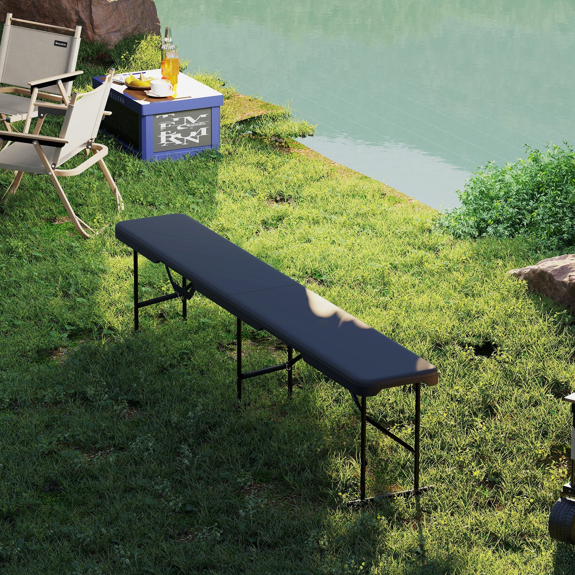 2-Piece Beer Tent Bench Folding Bench for 8 People 182cm Foldable Party Bench with Carrying Handle, Metal Legs, HDPE Weatherproof Camping Bench for Indoor, Outdoor, Garden Bench Up to 240 kg Load Black