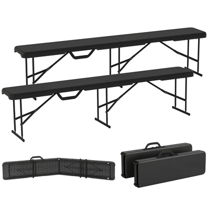 2-Piece Beer Tent Bench Folding Bench for 8 People 182cm Foldable Party Bench with Carrying Handle, Metal Legs, HDPE Weatherproof Camping Bench for Indoor, Outdoor, Garden Bench Up to 240 kg Load Black