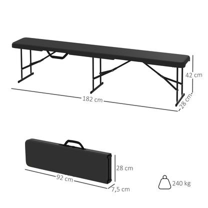 2-Piece Beer Tent Bench Folding Bench for 8 People 182cm Foldable Party Bench with Carrying Handle, Metal Legs, HDPE Weatherproof Camping Bench for Indoor, Outdoor, Garden Bench Up to 240 kg Load Black