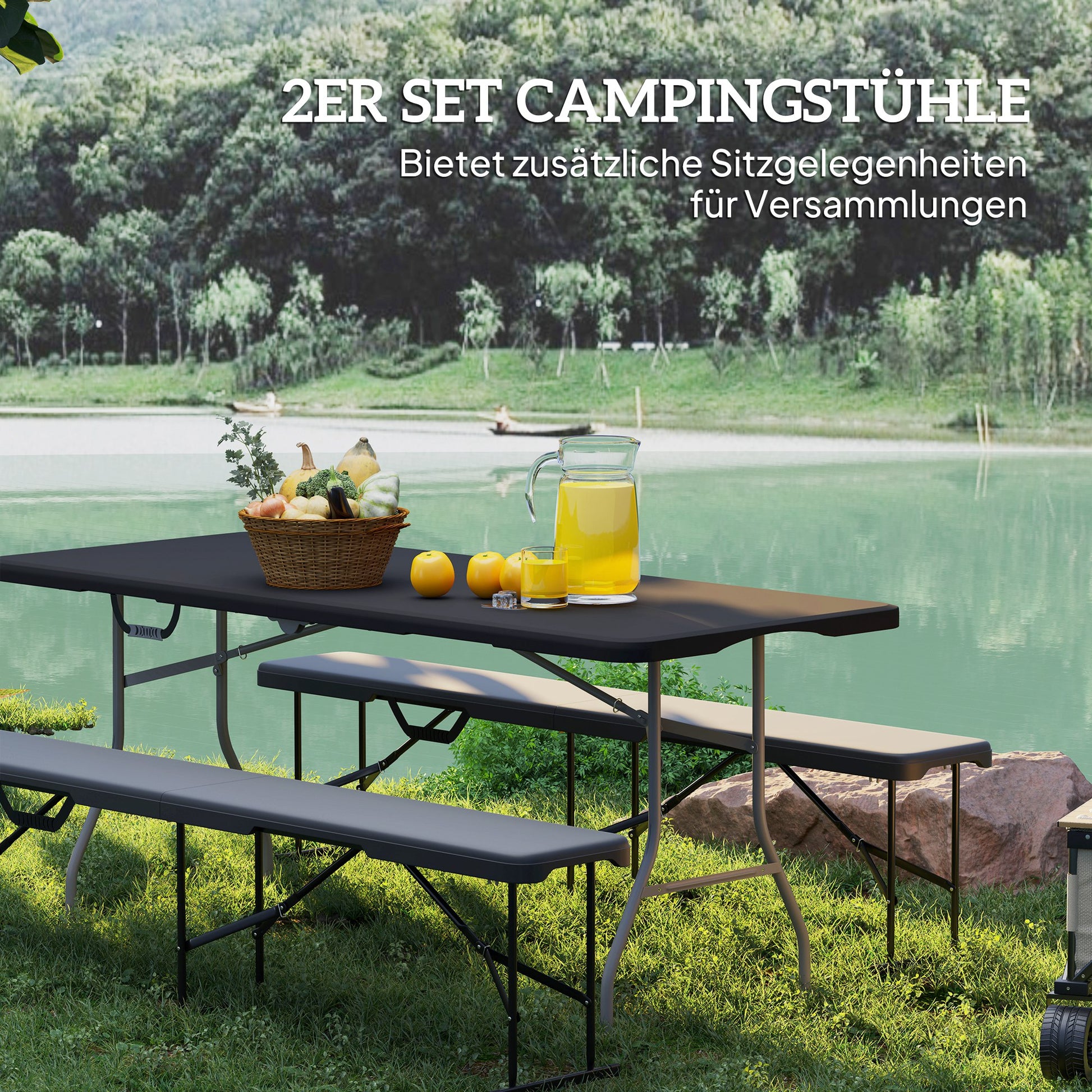 2-Piece Beer Tent Bench Folding Bench for 8 People 182cm Foldable Party Bench with Carrying Handle, Metal Legs, HDPE Weatherproof Camping Bench for Indoor, Outdoor, Garden Bench Up to 240 kg Load Black