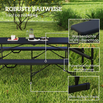 2-Piece Beer Tent Bench Folding Bench for 8 People 182cm Foldable Party Bench with Carrying Handle, Metal Legs, HDPE Weatherproof Camping Bench for Indoor, Outdoor, Garden Bench Up to 240 kg Load Black
