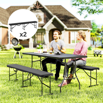 2-Piece Beer Tent Bench Folding Bench for 8 People 182cm Foldable Party Bench with Carrying Handle, Metal Legs, HDPE Weatherproof Camping Bench for Indoor, Outdoor, Garden Bench Up to 240 kg Load Black