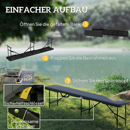 2-Piece Beer Tent Bench Folding Bench for 8 People 182cm Foldable Party Bench with Carrying Handle, Metal Legs, HDPE Weatherproof Camping Bench for Indoor, Outdoor, Garden Bench Up to 240 kg Load Black