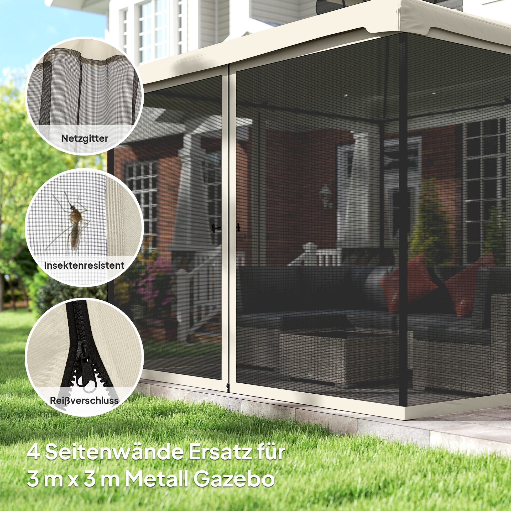 Mosquito Net for 3x3 Pavilion 4 Side Panels Fly Net with Hooks Zipper Mosquito Net Insect Protection Fly Screen Nylon Mesh Black
