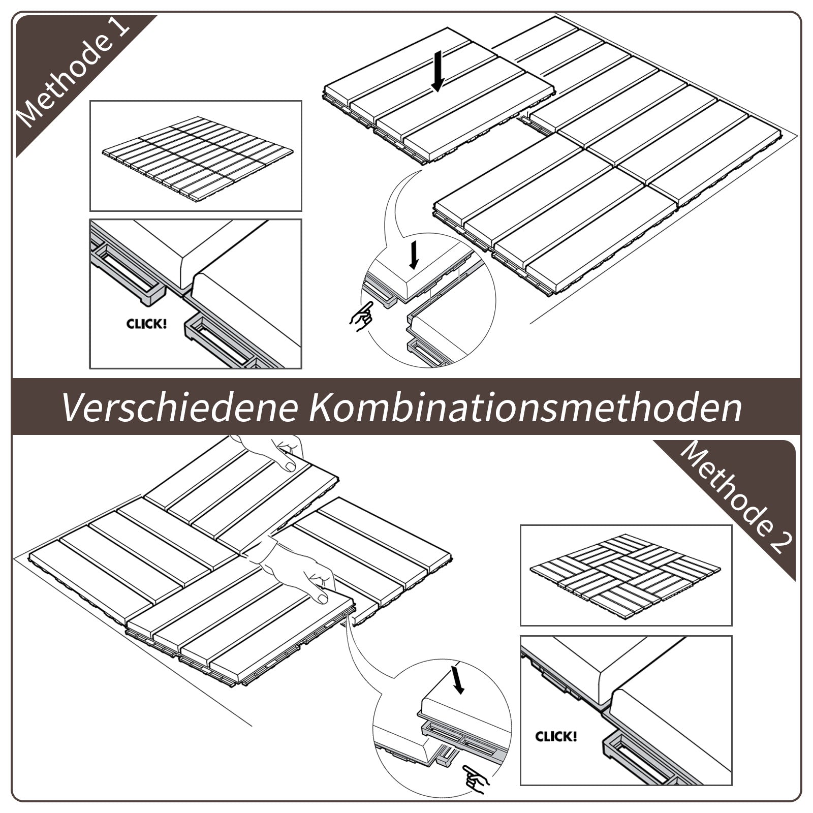 Patio Tiles 30 x 30 cm 9 Pieces 0.81㎡ Interlocking Tiles Balcony Tiles with Click System Drainage Function Floor Tile for Terrace Balcony Brown