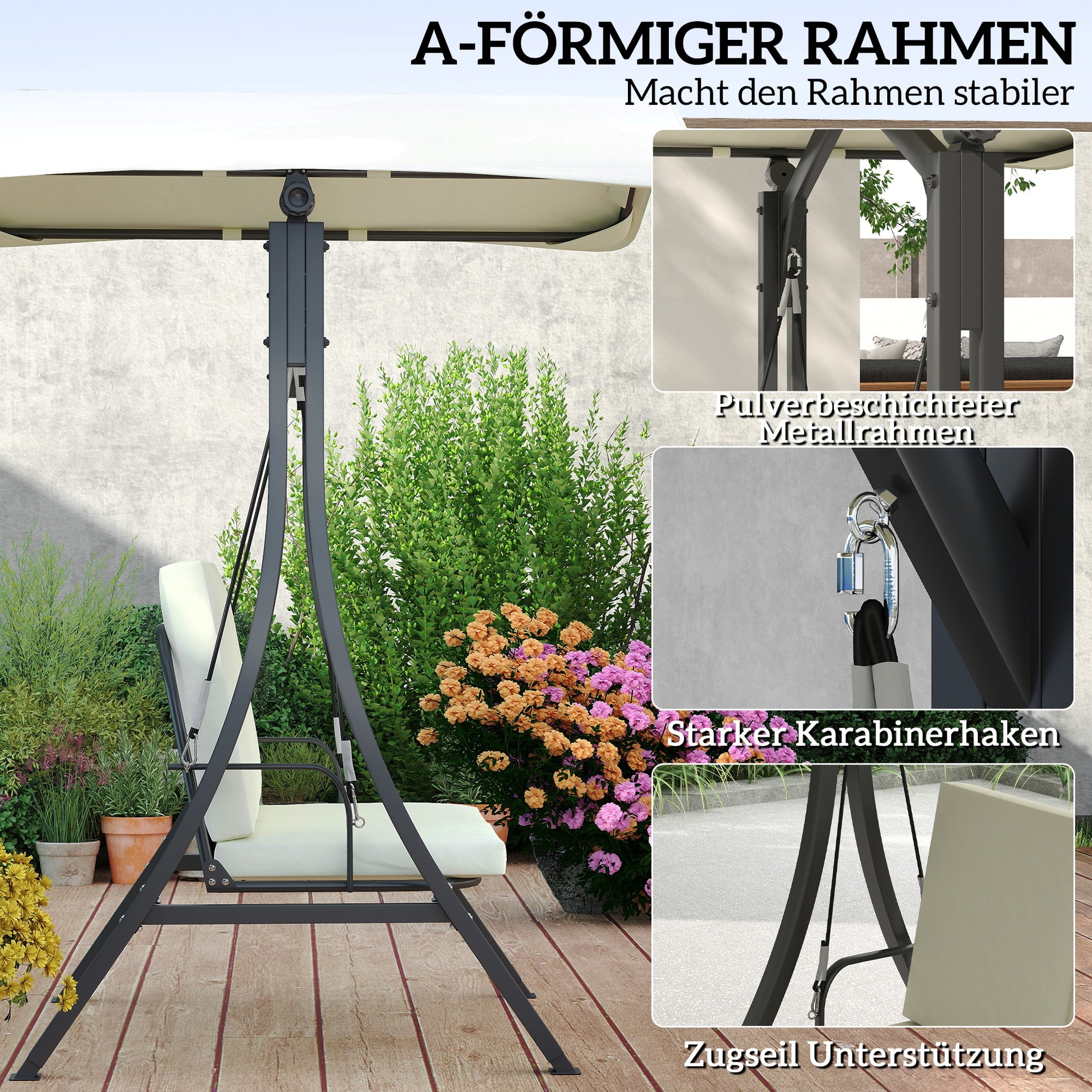 Hollywood Swing with Adjustable Sun Canopy Seat Cushion, 2-Seater Garden Swing for up to 220kg, UV 30+ Swing Bench for Garden, Terrace, 150x120x182cm, Cream