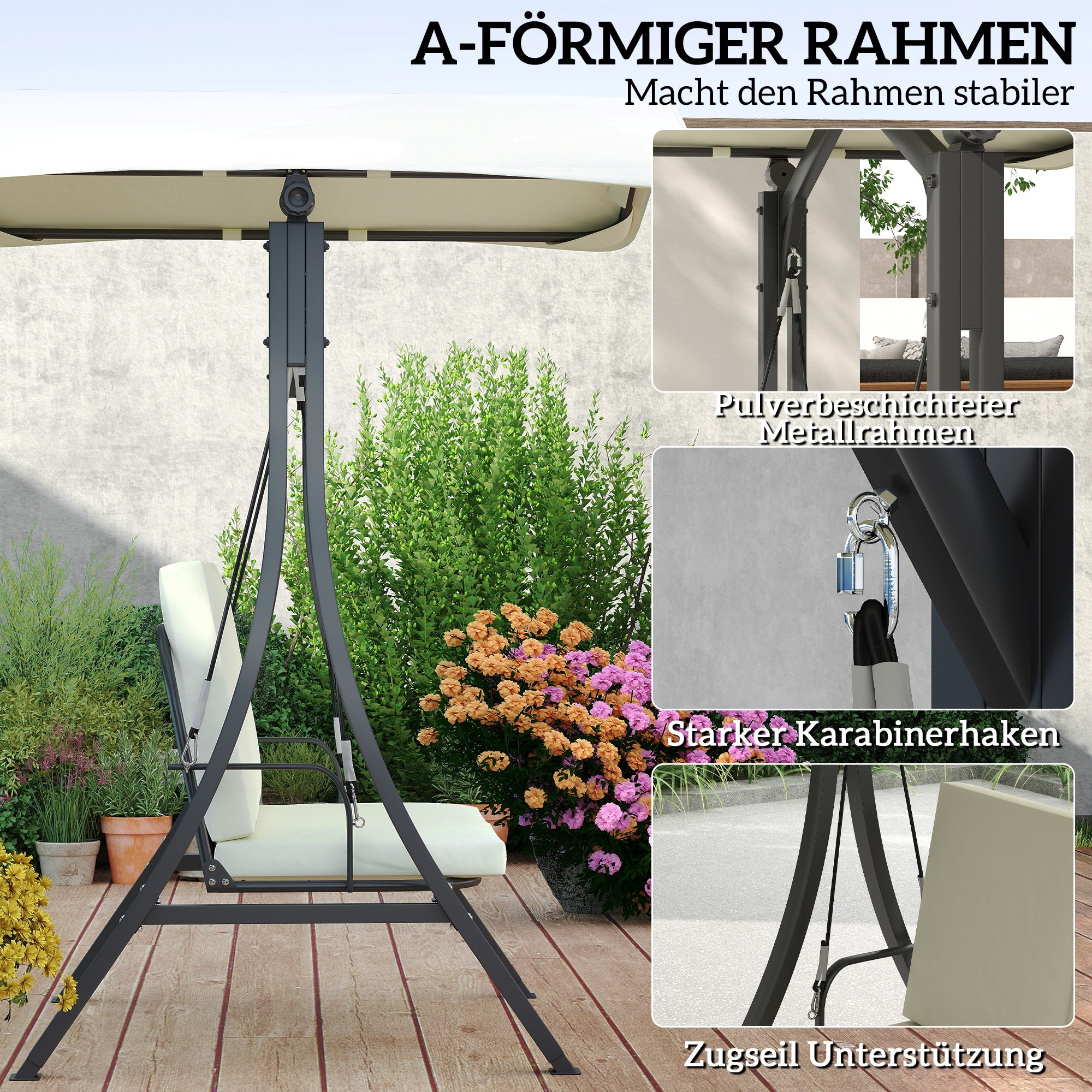 Hollywood Swing with Adjustable Sun Canopy Seat Cushion, 2-Seater Garden Swing for up to 220kg, UV 30+ Swing Bench for Garden, Terrace, 150x120x182cm, Cream