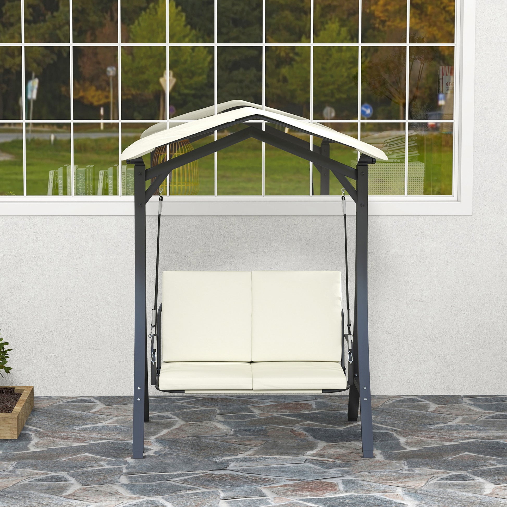Hollywood Swing with Adjustable Sun Canopy Seat Cushion, 2-Seater Garden Swing for up to 220kg, UV 30+ Swing Bench for Garden, Terrace, 150x120x182cm, Cream
