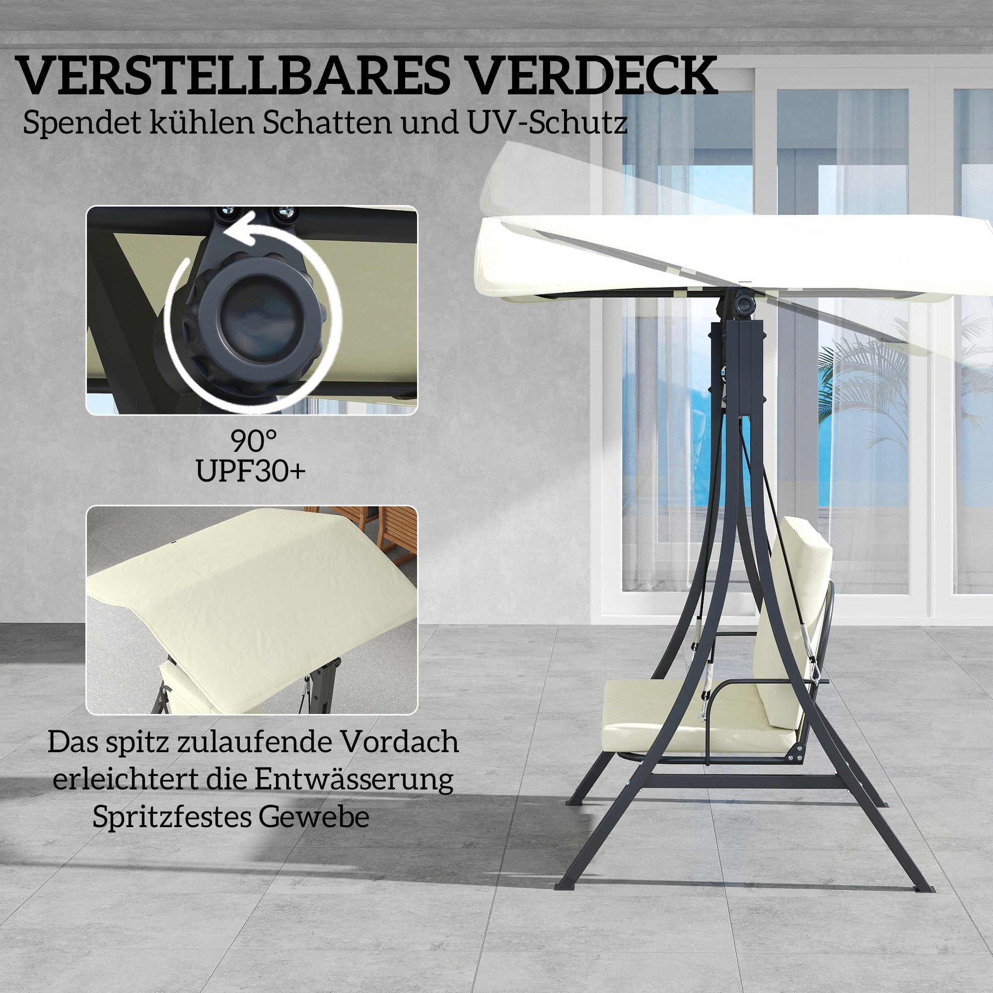 Hollywood Swing with Adjustable Sun Canopy Seat Cushion, 2-Seater Garden Swing for up to 220kg, UV 30+ Swing Bench for Garden, Terrace, 150x120x182cm, Cream