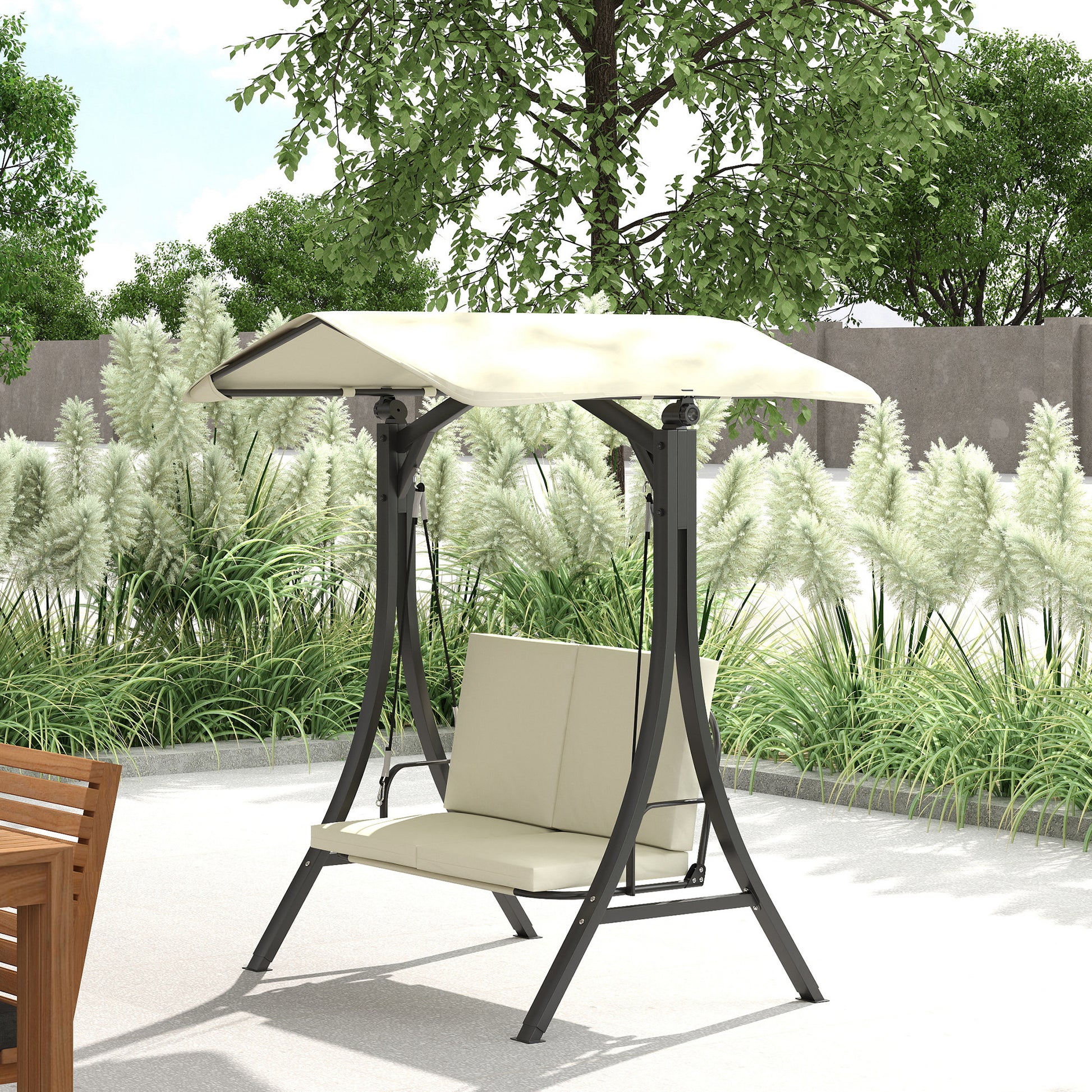 Hollywood Swing with Adjustable Sun Canopy Seat Cushion, 2-Seater Garden Swing for up to 220kg, UV 30+ Swing Bench for Garden, Terrace, 150x120x182cm, Cream