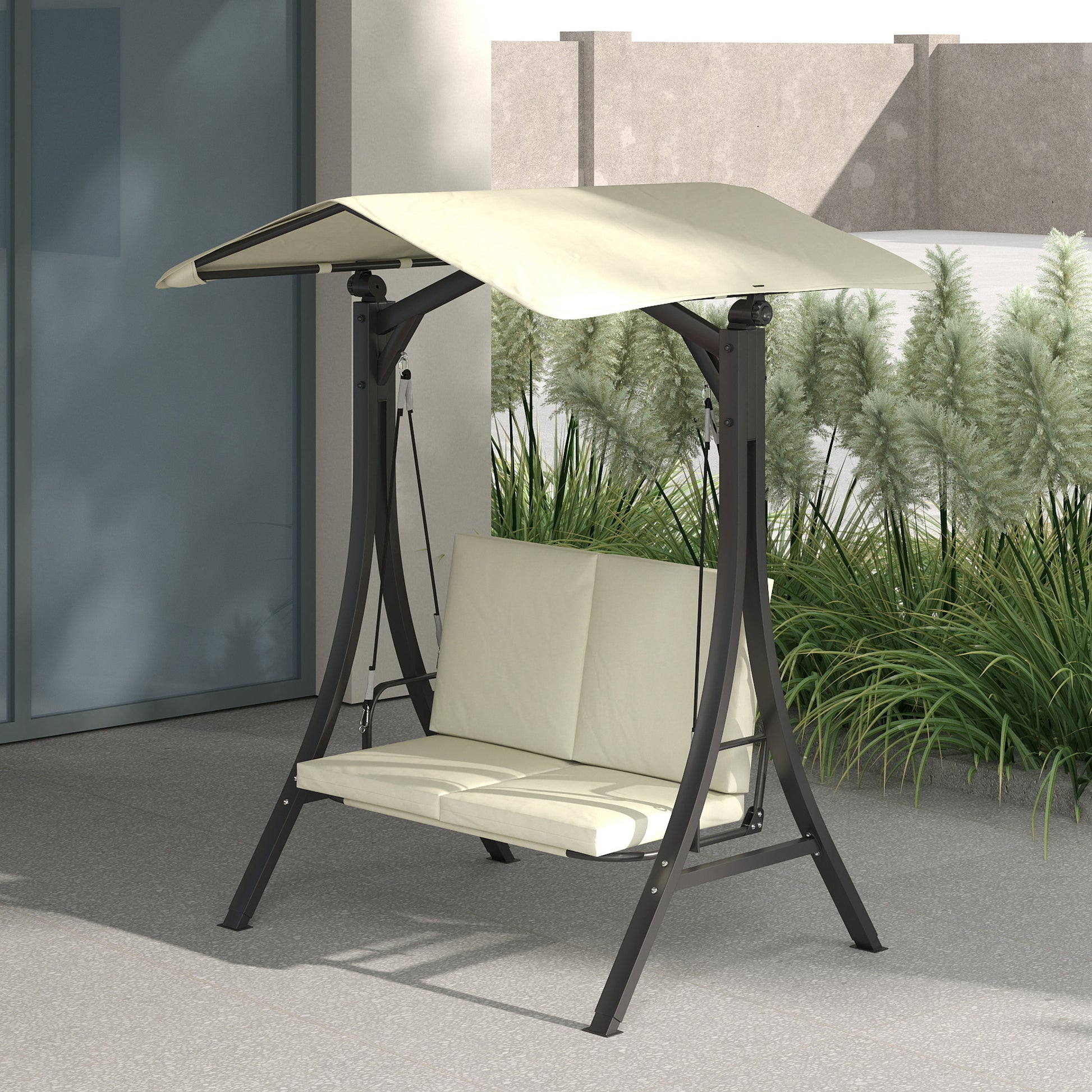Hollywood Swing with Adjustable Sun Canopy Seat Cushion, 2-Seater Garden Swing for up to 220kg, UV 30+ Swing Bench for Garden, Terrace, 150x120x182cm, Cream