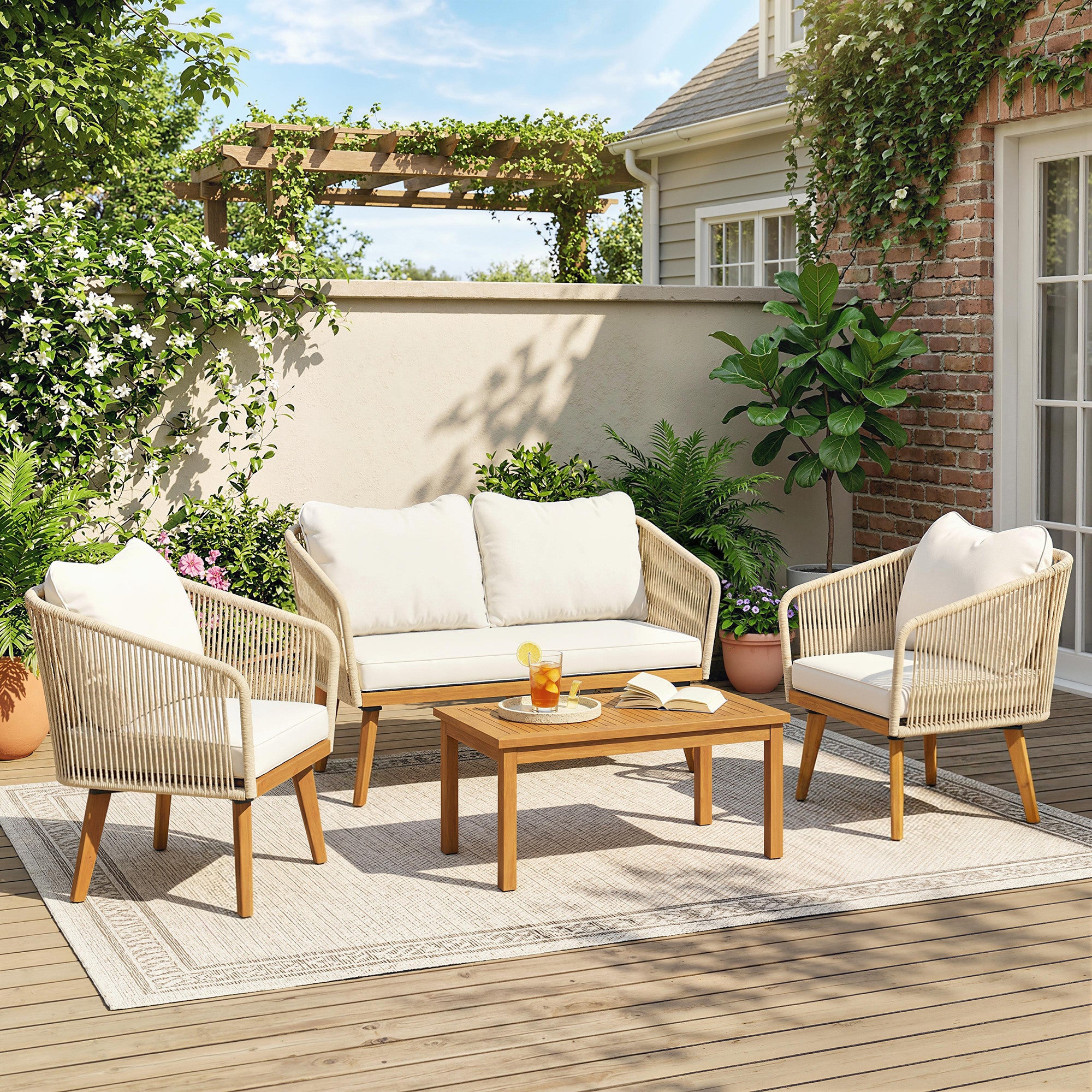 4-Piece Rattan Patio Lounge Set — 2-Seater Sofa, 2 Armchairs & Acacia Slatted Coffee Table with Thick Washable Cushions, Cream White