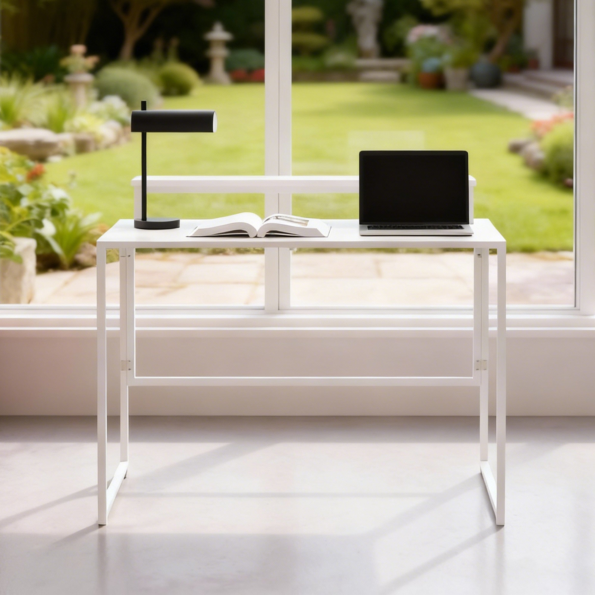 Folding Computer Desk with Monitor Riser, Steel Frame, 39.4 x 18.9 x 34.4 in (100 x 48 x 87.5 cm), White