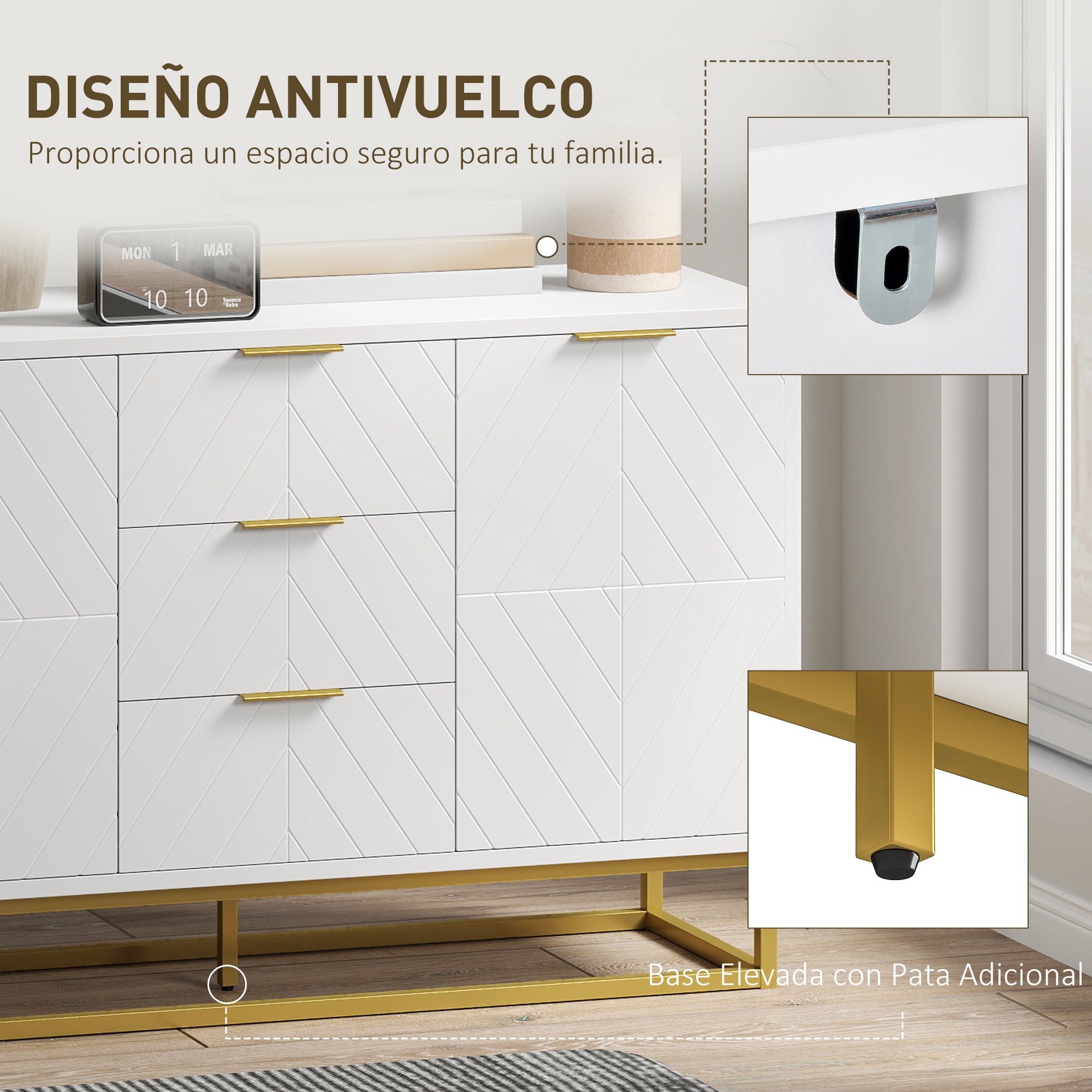 Modern Sideboard with 3 Drawers 2 Doors and Adjustable Shelf Sideboard for Living Room Kitchen Anti-tip 120x40x76 cm White