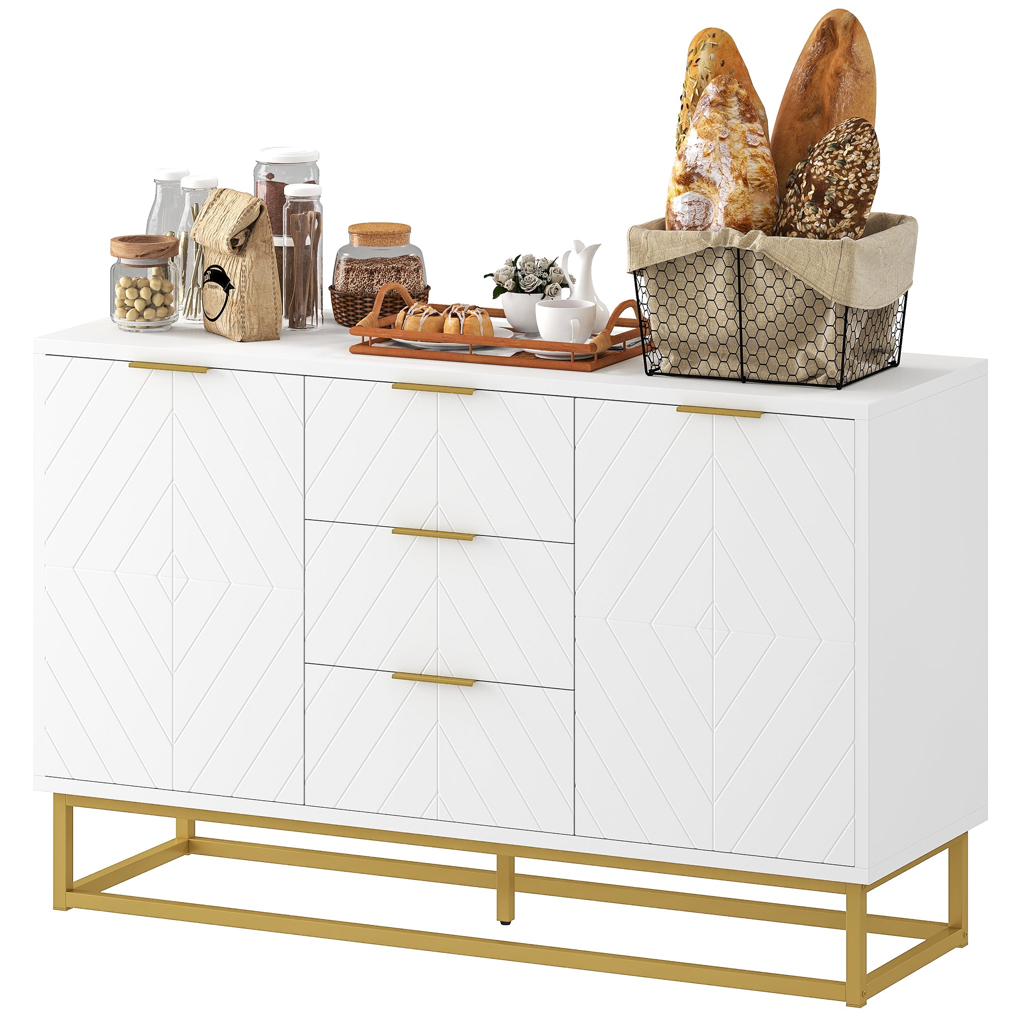 Modern Sideboard with 3 Drawers 2 Doors and Adjustable Shelf Sideboard for Living Room Kitchen Anti-tip 120x40x76 cm White