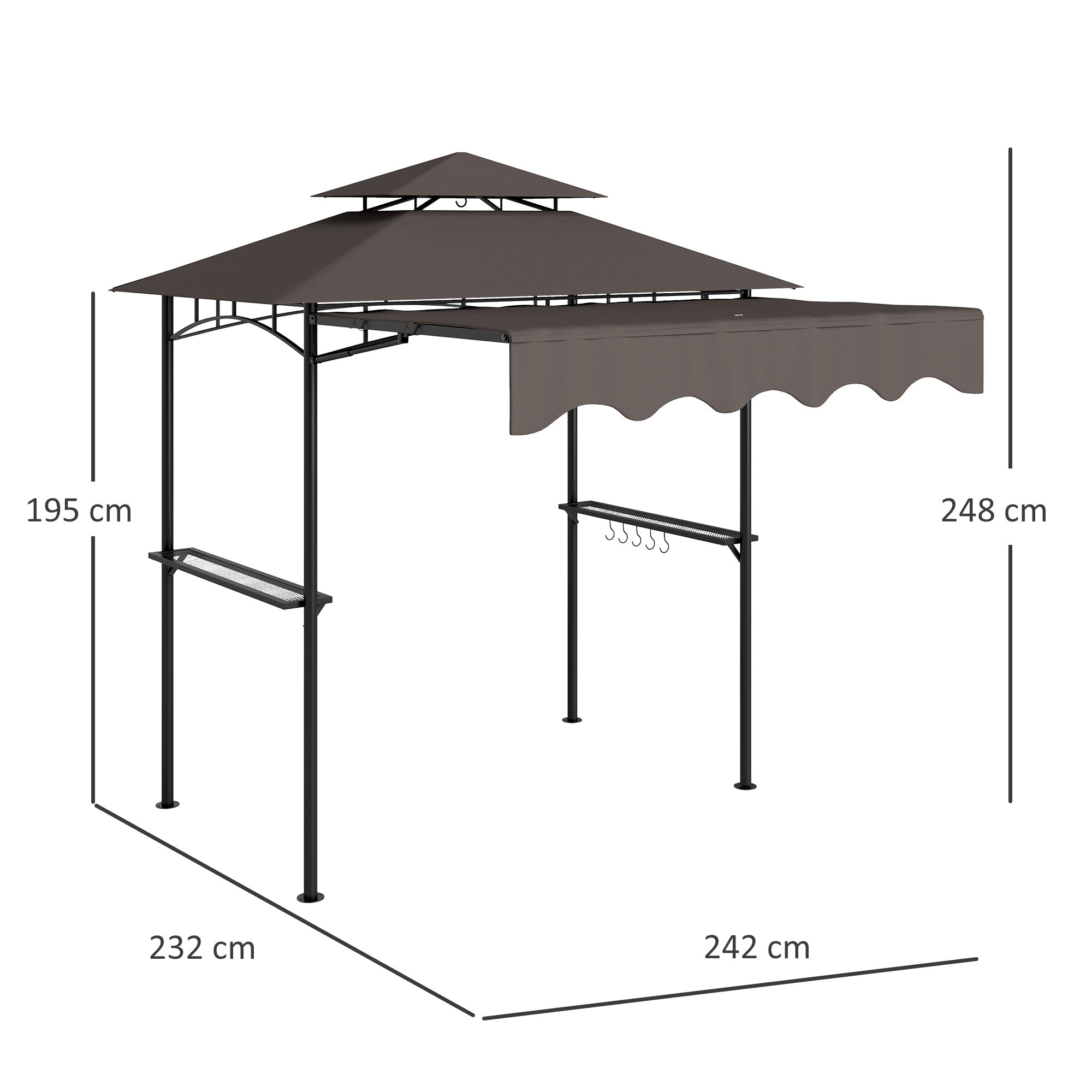 Grill Gazebo 242x149x248 cm water-resistant flame-retardant Garden Gazebo with Double Layer Roof Side Shelves, UV 30+Garden Arbour, BBQ Gazebo, Garden Canopy for Garden Picnic BBQ Coffee
