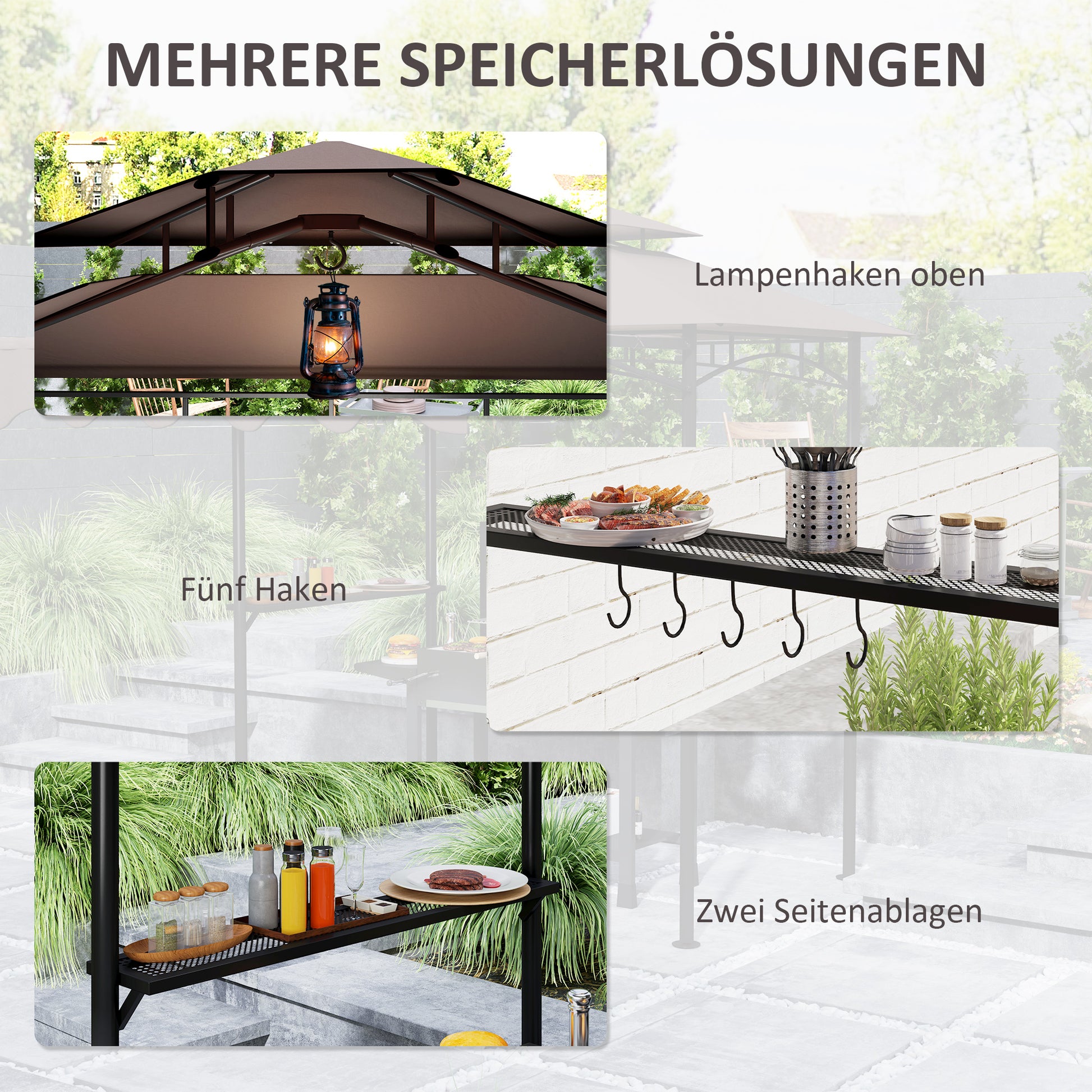 Grill Gazebo 242x149x248 cm water-resistant flame-retardant Garden Gazebo with Double Layer Roof Side Shelves, UV 30+Garden Arbour, BBQ Gazebo, Garden Canopy for Garden Picnic BBQ Coffee