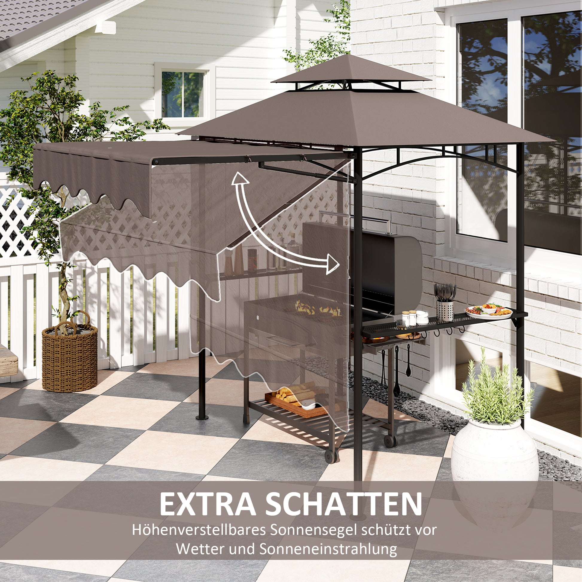 Grill Gazebo 242x149x248 cm water-resistant flame-retardant Garden Gazebo with Double Layer Roof Side Shelves, UV 30+Garden Arbour, BBQ Gazebo, Garden Canopy for Garden Picnic BBQ Coffee