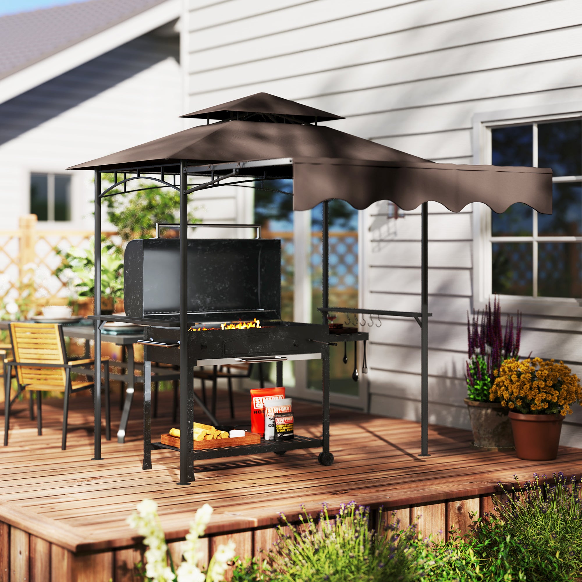 Grill Gazebo 242x149x248 cm water-resistant flame-retardant Garden Gazebo with Double Layer Roof Side Shelves, UV 30+Garden Arbour, BBQ Gazebo, Garden Canopy for Garden Picnic BBQ Coffee