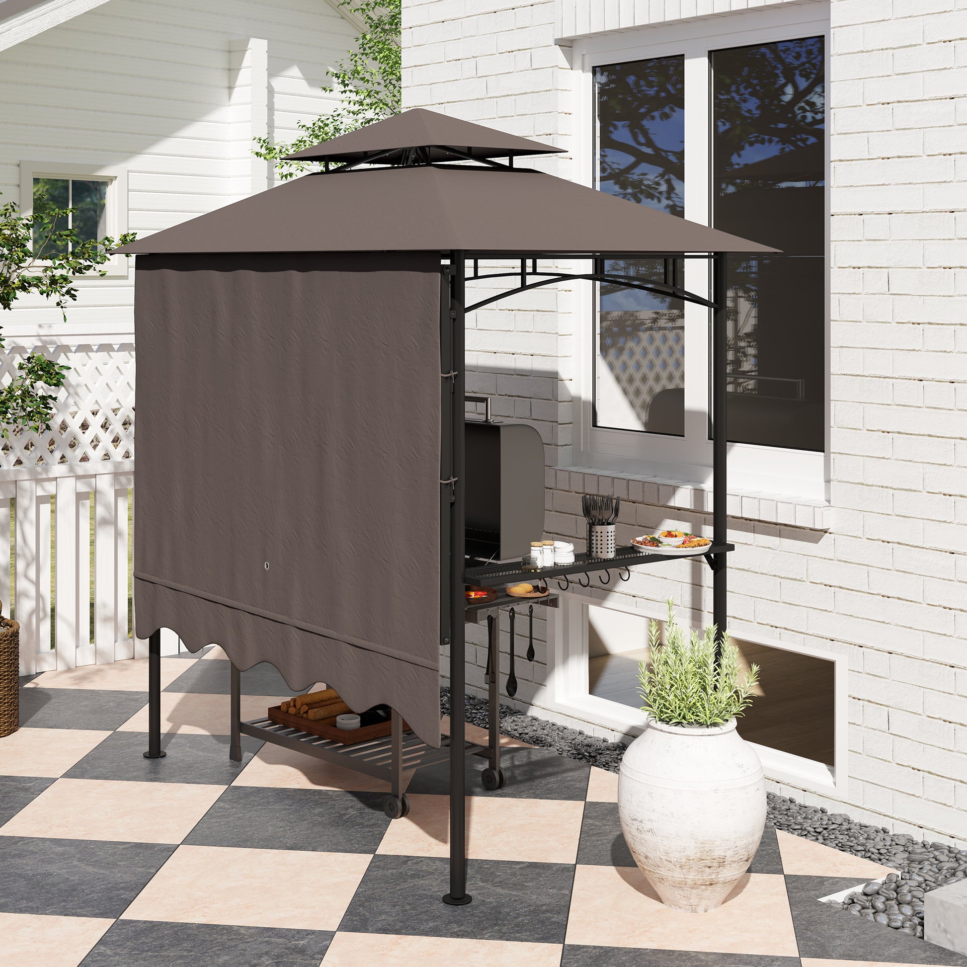 Grill Gazebo 242x149x248 cm water-resistant flame-retardant Garden Gazebo with Double Layer Roof Side Shelves, UV 30+Garden Arbour, BBQ Gazebo, Garden Canopy for Garden Picnic BBQ Coffee