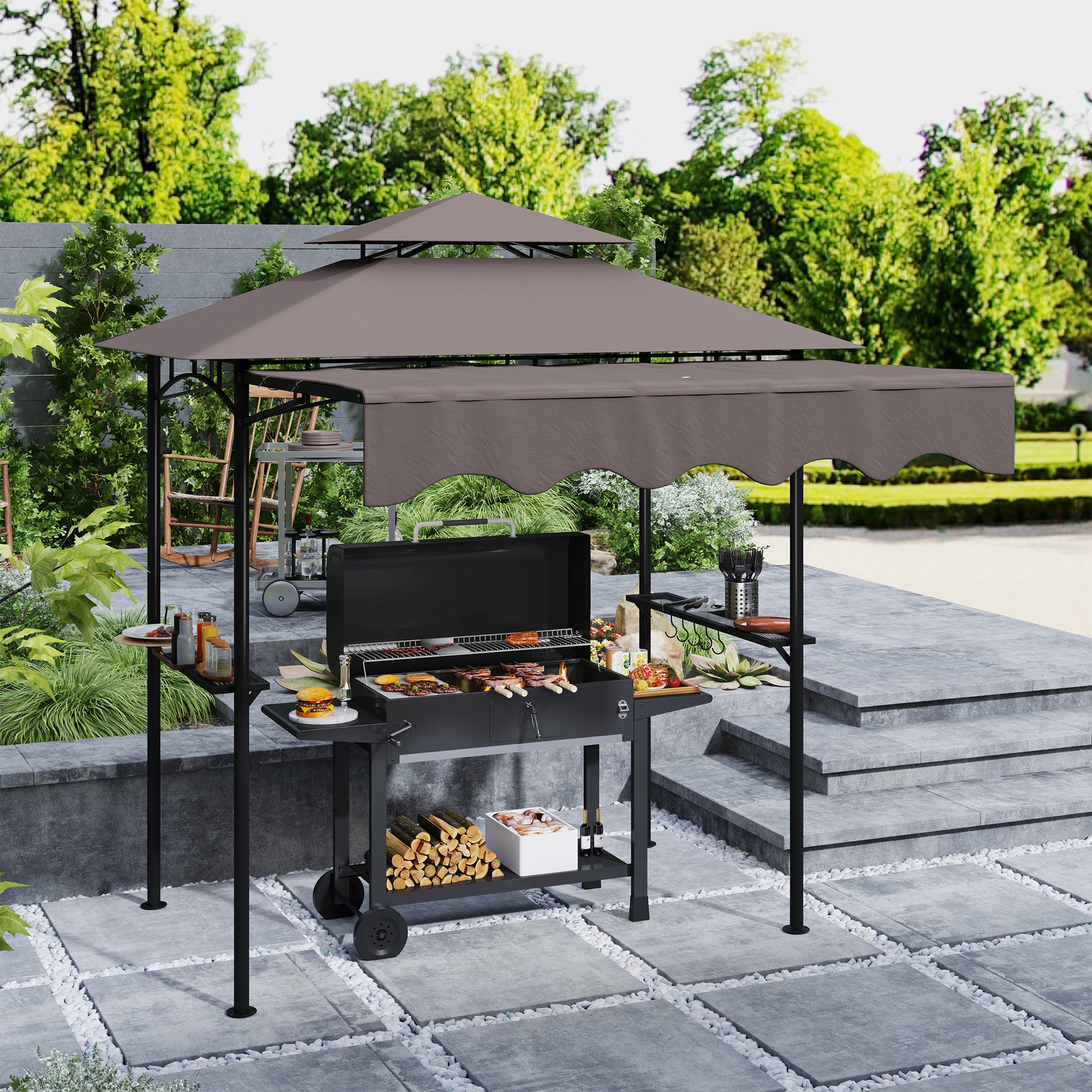 Grill Gazebo 242x149x248 cm water-resistant flame-retardant Garden Gazebo with Double Layer Roof Side Shelves, UV 30+Garden Arbour, BBQ Gazebo, Garden Canopy for Garden Picnic BBQ Coffee