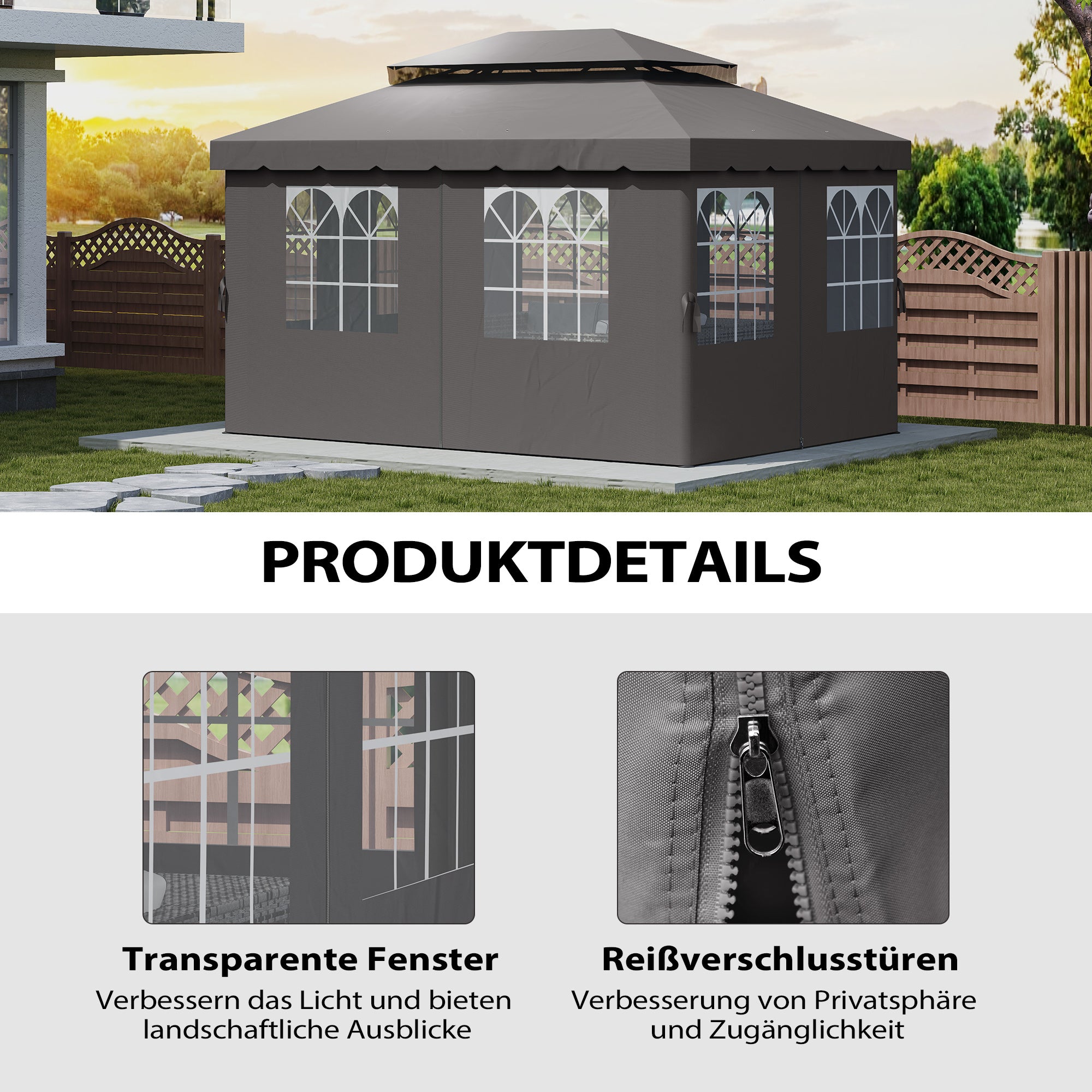 Side Panel 4-Piece Set for 3 x 4m Gazebo Side Panels with 8 Windows Velcro Fastener 352x205 cm Waterproof Stable Winterproof Side Wall Sidewalls for Party Tent Garden Gazebo Dark Grey