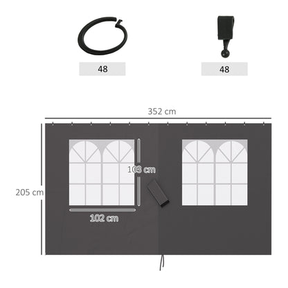 Side Panel 4-Piece Set for 3 x 4m Gazebo Side Panels with 8 Windows Velcro Fastener 352x205 cm Waterproof Stable Winterproof Side Wall Sidewalls for Party Tent Garden Gazebo Dark Grey