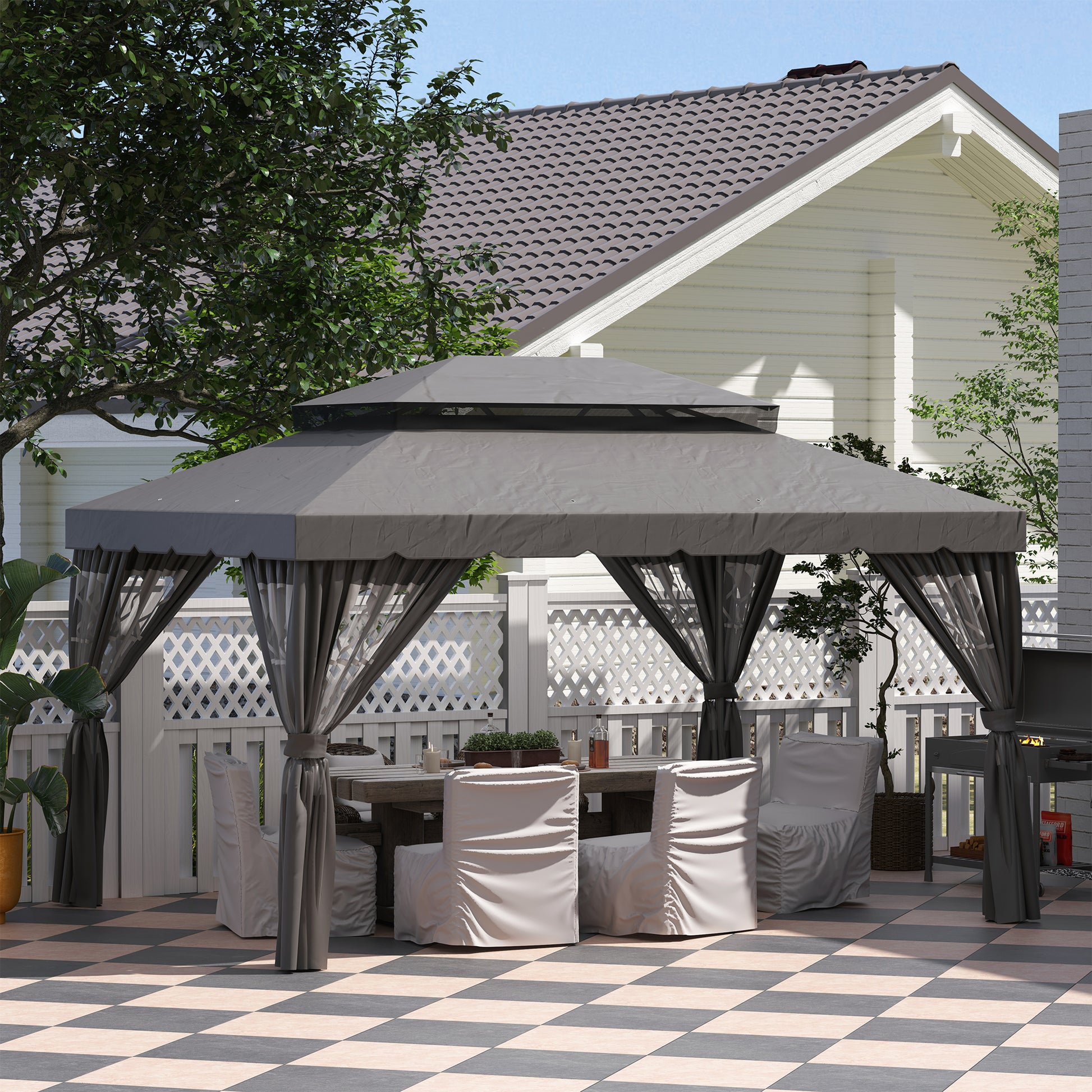 Side Panel 4-Piece Set for 3 x 4m Gazebo Side Panels with 8 Windows Velcro Fastener 352x205 cm Waterproof Stable Winterproof Side Wall Sidewalls for Party Tent Garden Gazebo Dark Grey