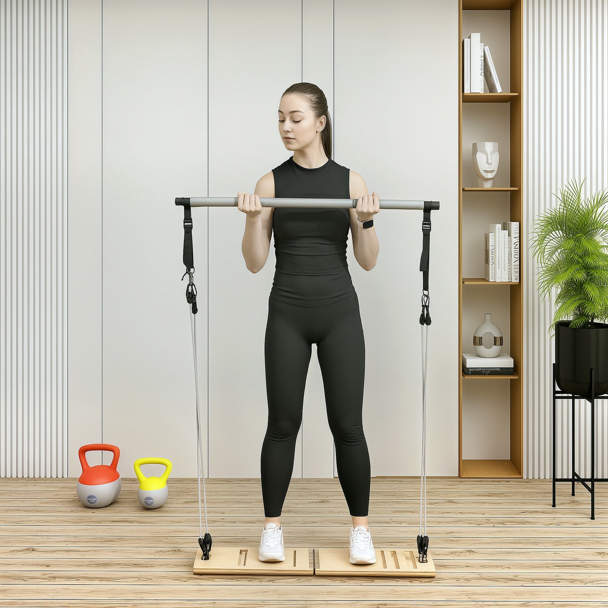 SPORTNOW Pilates Bar Kit Pilates with 6 Elastic Bands Adjustable Inclined Table for Full Body Workout at Home Gray