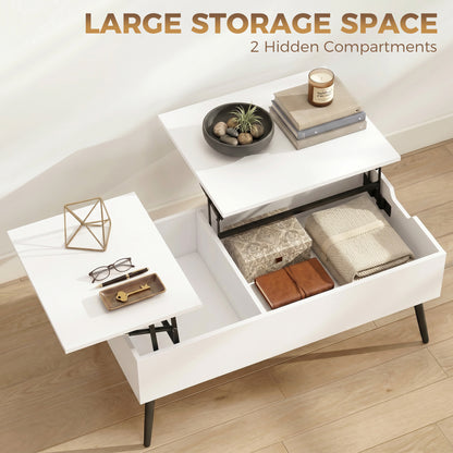Lift-Top Coffee Table with Dual Tops & Hidden Compartment, Modern Metal-Leg Living Room Table for Home & Office — 39.4 x 19.7 x 17.2–22.8 in (100 x 50 x 43.6–58 cm), White