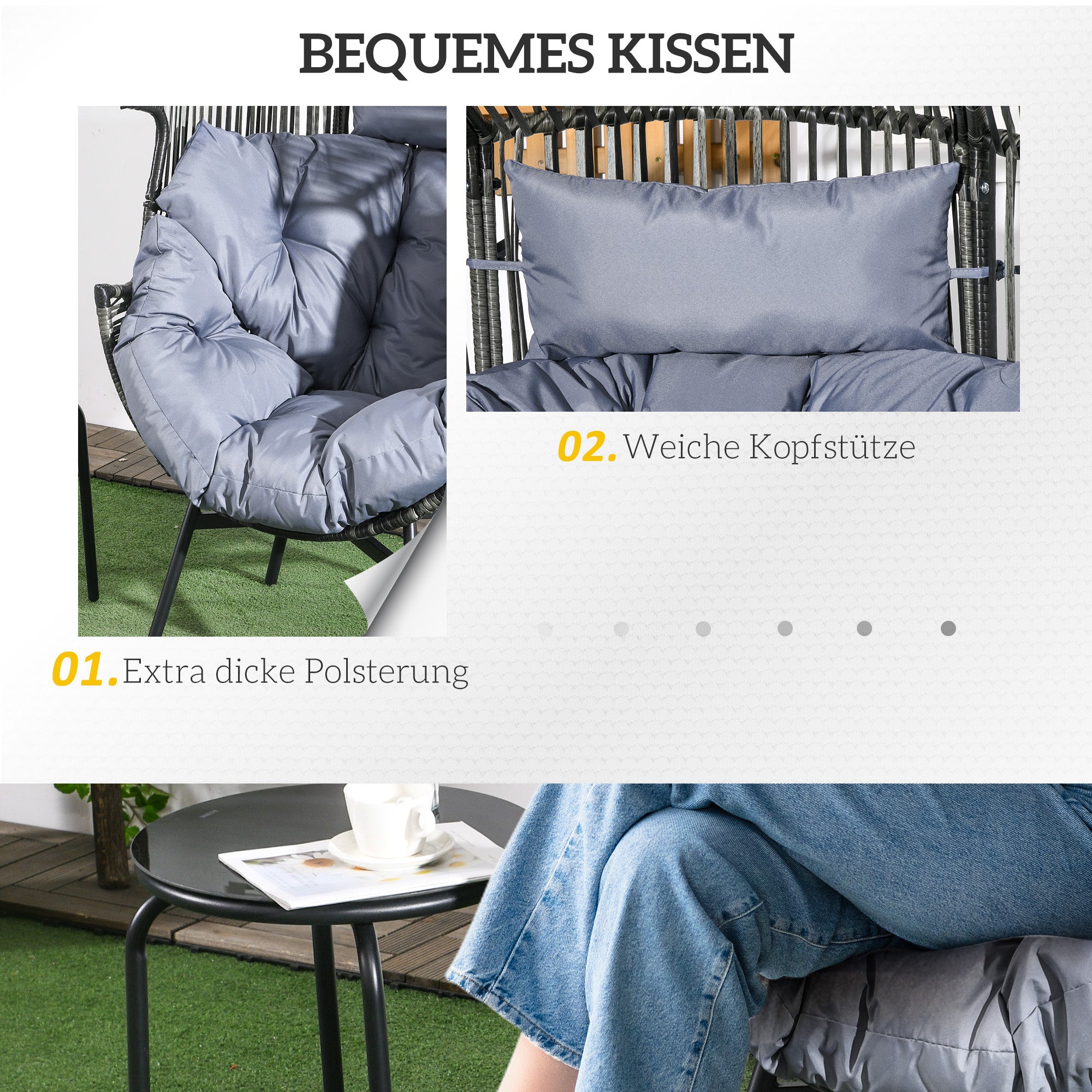 Rattan Chair, Rattan Wicker Chair with Thick Seat Cushion, Egg-shape Garden Chair, Supports 120kg, for Patio, Garden, Gray