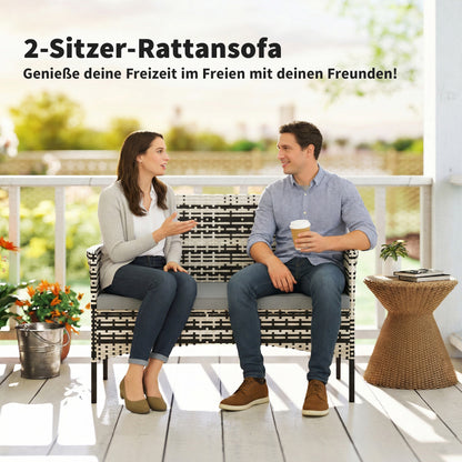 2-Seater Rattan Garden Sofa with Cushions — Weatherproof Outdoor Loveseat, Light Gray