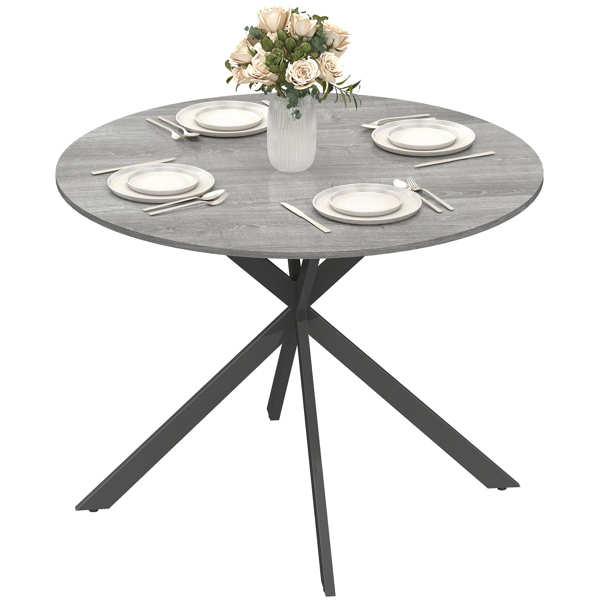 Round Dining Table for 4, 39.4" (100 cm) Industrial Style with Steel X-Legs, Gray