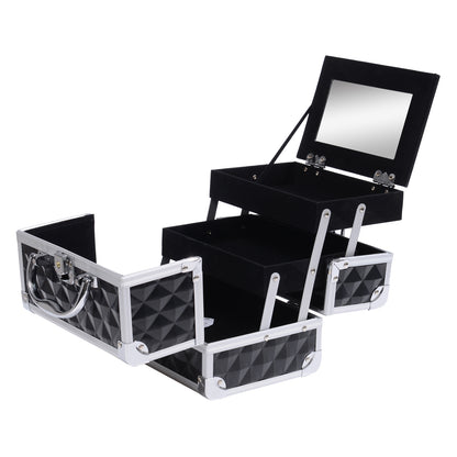 Makeup Case - Beauty Product Storage - 3-Tier Storage with Mirror Locking with 2 Keys Dims. 20L x 15W x 15H cm Black