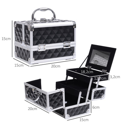 Makeup Case - Beauty Product Storage - 3-Tier Storage with Mirror Locking with 2 Keys Dims. 20L x 15W x 15H cm Black