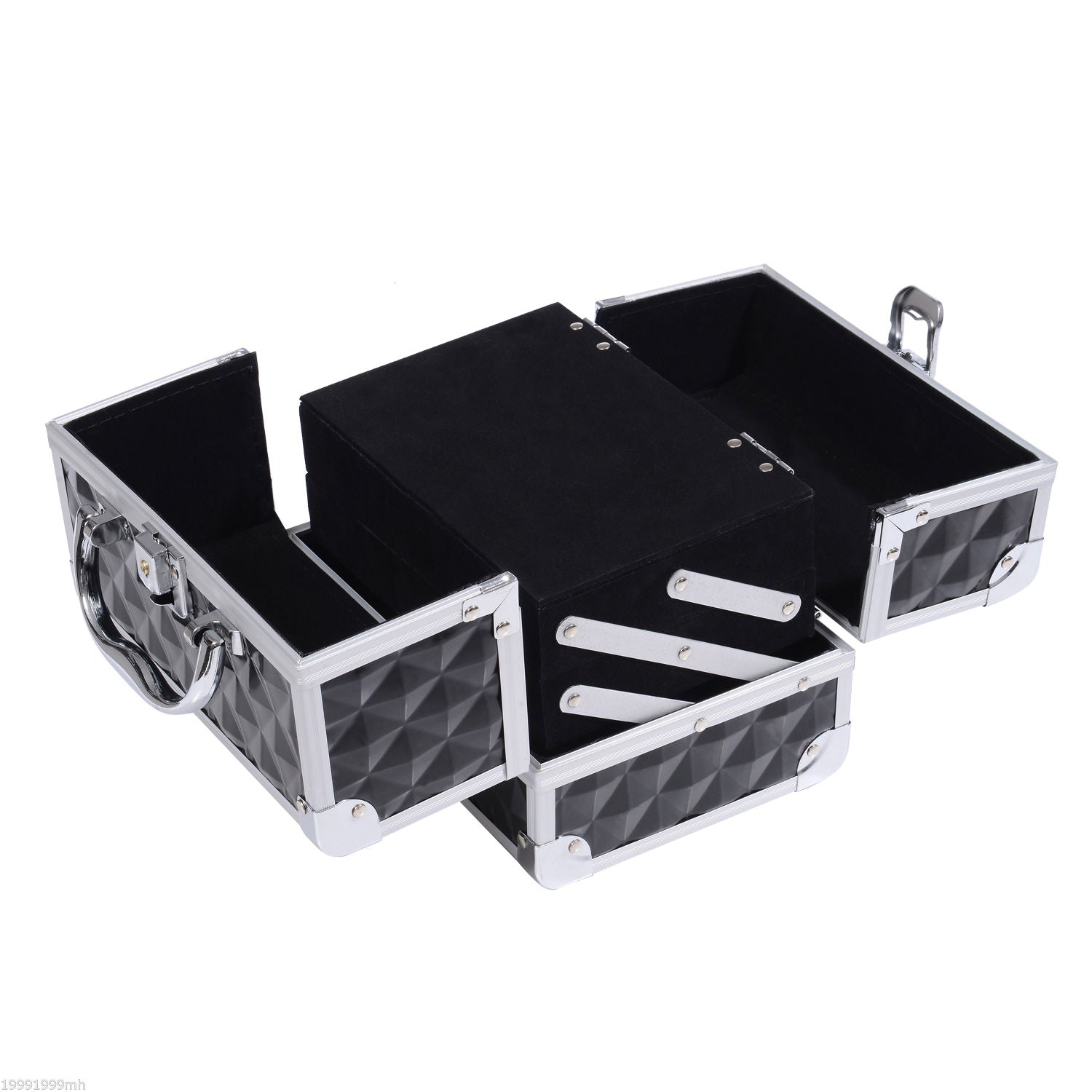 Makeup Case - Beauty Product Storage - 3-Tier Storage with Mirror Locking with 2 Keys Dims. 20L x 15W x 15H cm Black