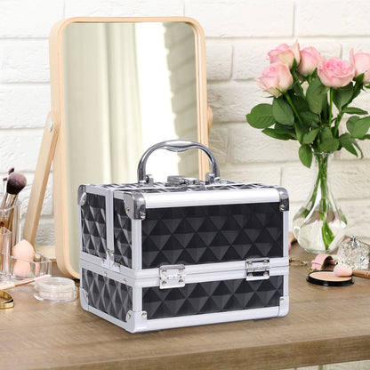 Makeup Case - Beauty Product Storage - 3-Tier Storage with Mirror Locking with 2 Keys Dims. 20L x 15W x 15H cm Black