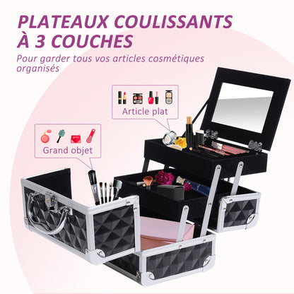 Makeup Case - Beauty Product Storage - 3-Tier Storage with Mirror Locking with 2 Keys Dims. 20L x 15W x 15H cm Black