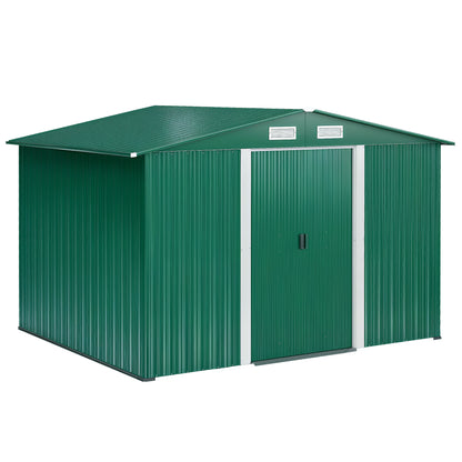 Garden Shed Exterior 258x206x178 cm 5.3m² Outdoor Garden Shed with Base Sliding Doors and Ventilations for Gardening Tool Storage Green