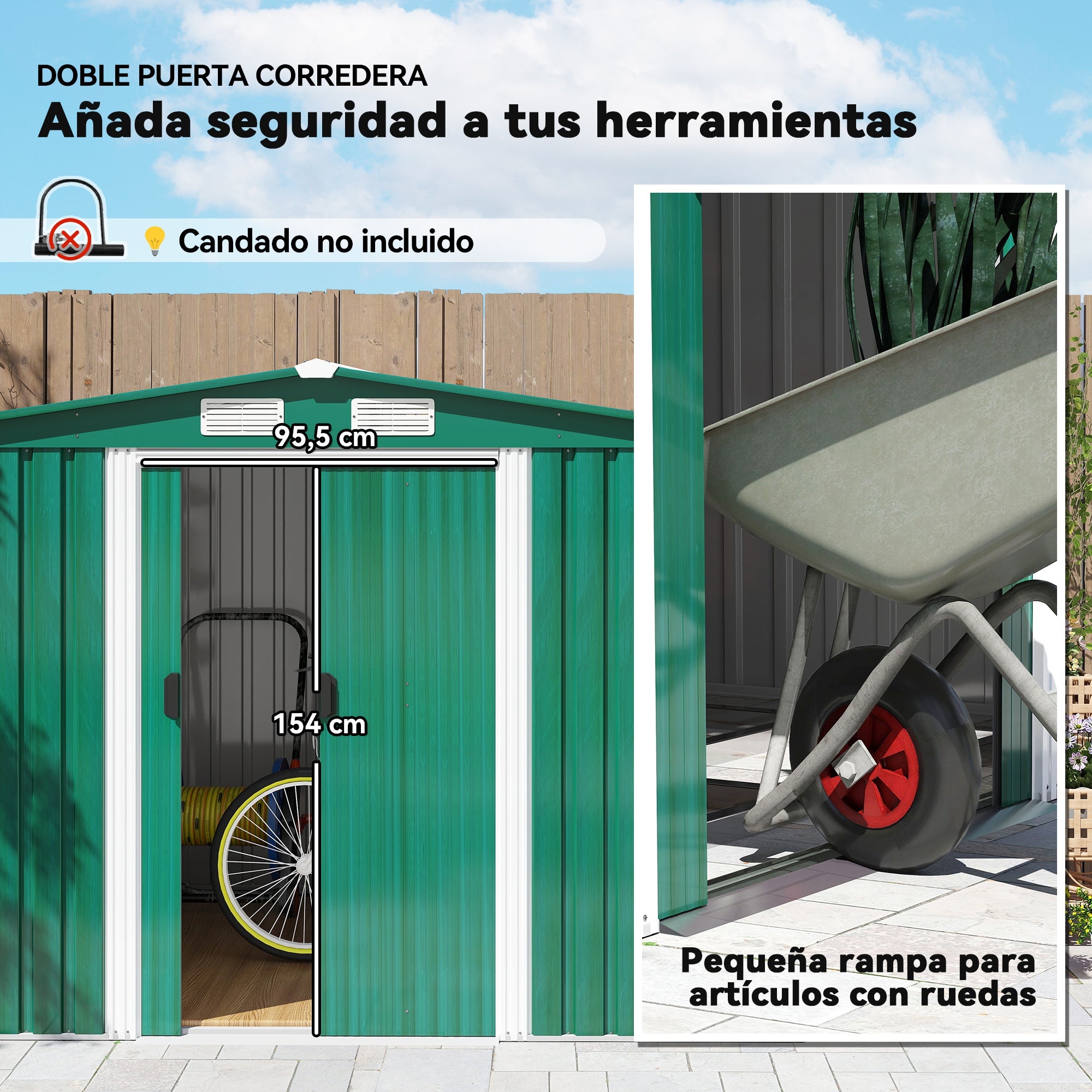 Garden Shed Exterior 258x206x178 cm 5.3m² Outdoor Garden Shed with Base Sliding Doors and Ventilations for Gardening Tool Storage Green