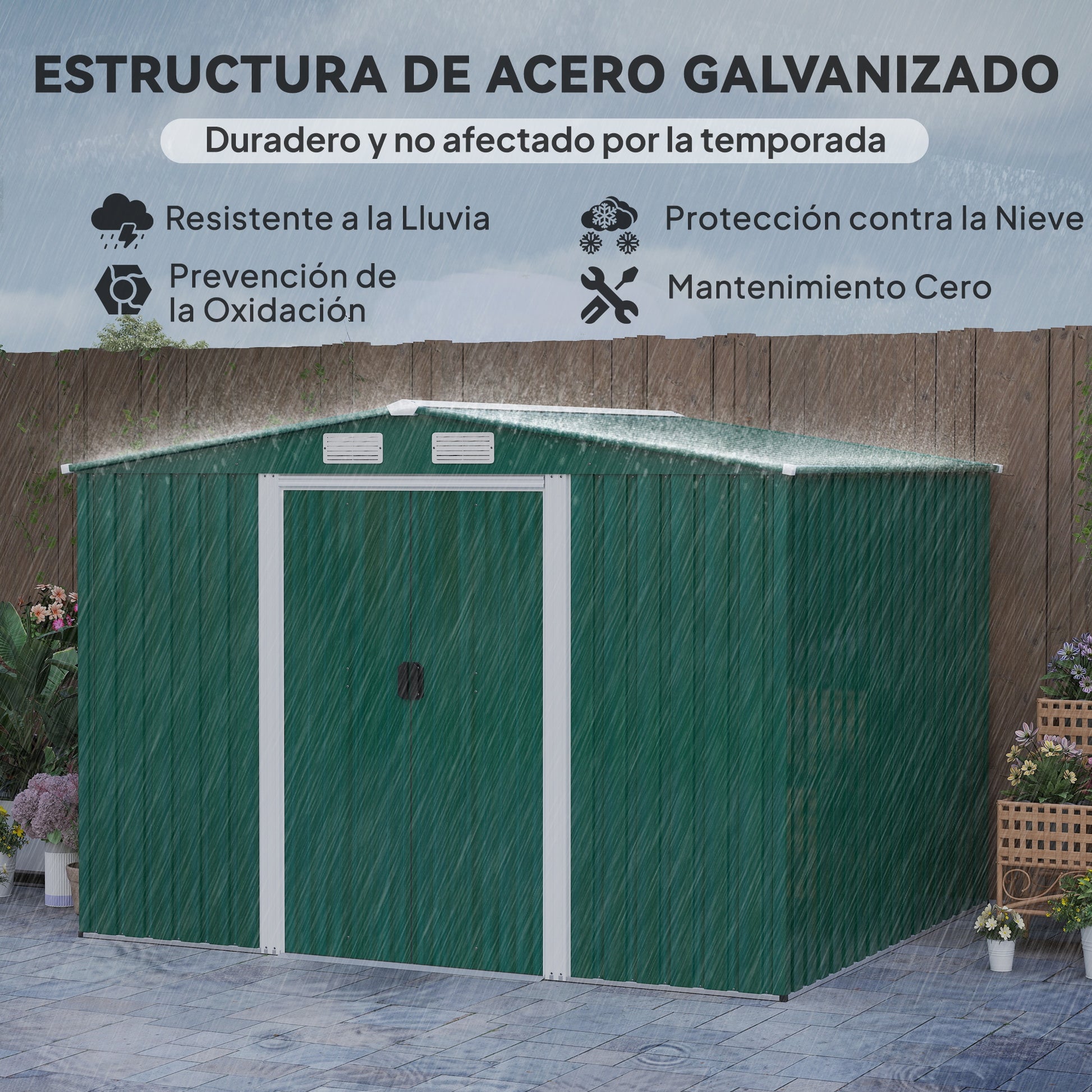 Garden Shed Exterior 258x206x178 cm 5.3m² Outdoor Garden Shed with Base Sliding Doors and Ventilations for Gardening Tool Storage Green