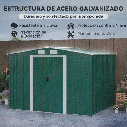 Garden Shed Exterior 258x206x178 cm 5.3m² Outdoor Garden Shed with Base Sliding Doors and Ventilations for Gardening Tool Storage Green