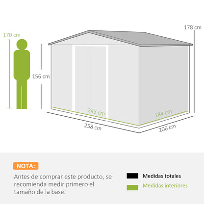 Garden Shed Exterior 258x206x178 cm 5.3m² Outdoor Garden Shed with Base Sliding Doors and Ventilations for Gardening Tool Storage Green