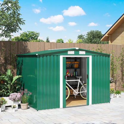 Garden Shed Exterior 258x206x178 cm 5.3m² Outdoor Garden Shed with Base Sliding Doors and Ventilations for Gardening Tool Storage Green