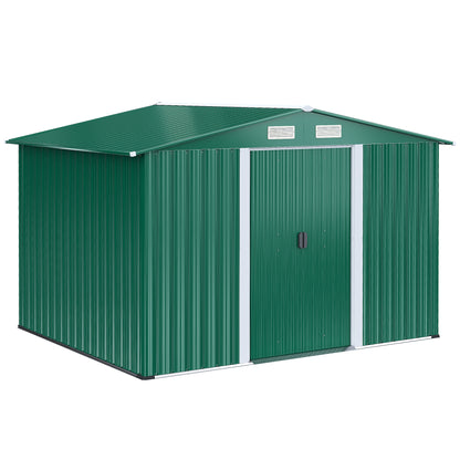Garden Shed Exterior 258x206x178 cm 5.3m² Outdoor Garden Shed with Base Sliding Doors and Ventilations for Gardening Tool Storage Green